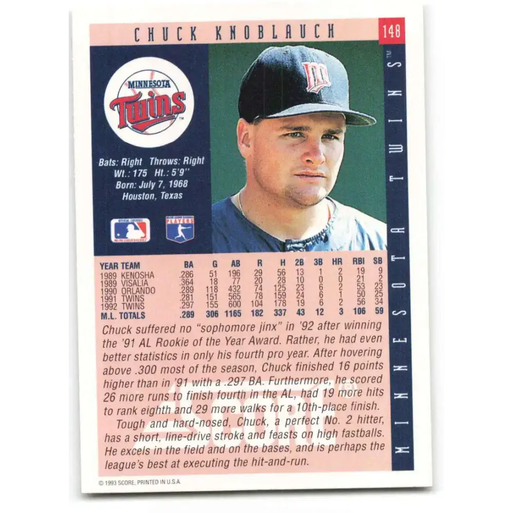 1993 Score #148 Chuck Knoblauch NM-MT Minnesota Twins Baseball Card - Baseball Card Single