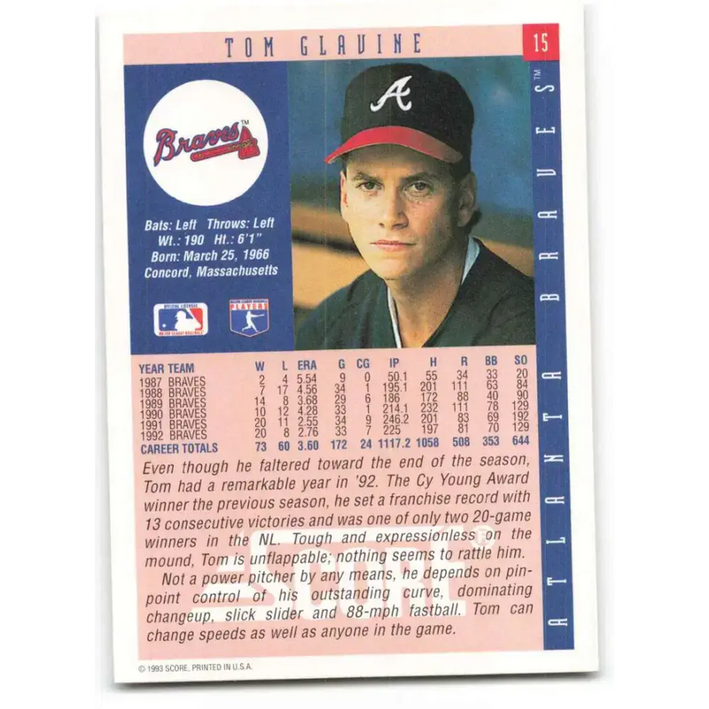 1993 Score #15 Tom Glavine NM-MT Atlanta Braves Baseball Card - Baseball Card Single