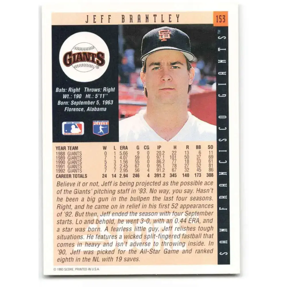1993 Score #153 Jeff Brantley NM-MT San Francisco Giants Baseball Card - Baseball Card Single