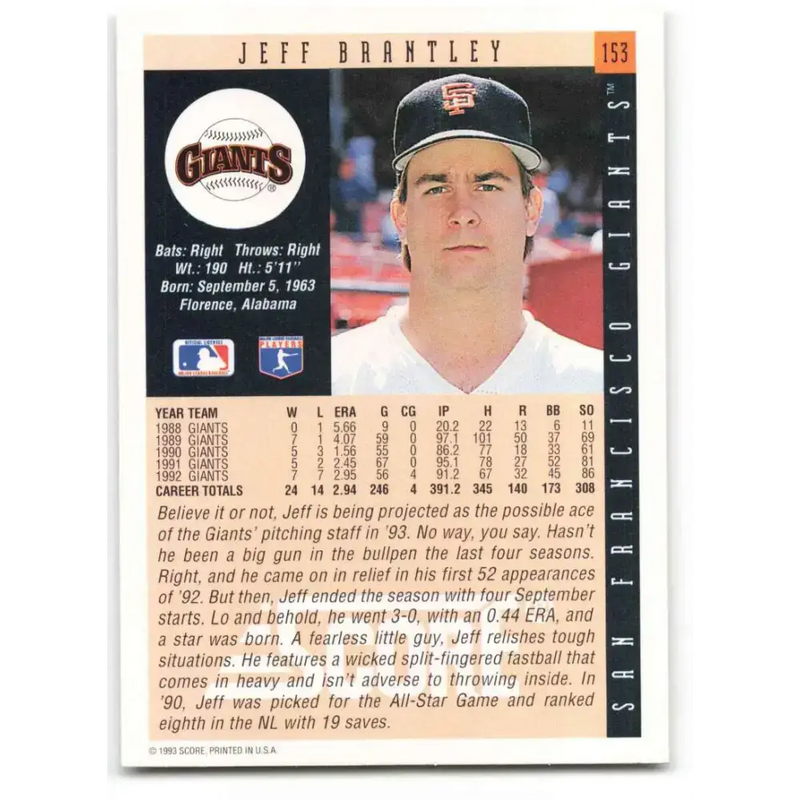 1993 Score #153 Jeff Brantley NM-MT San Francisco Giants Baseball Card - Baseball Card Single