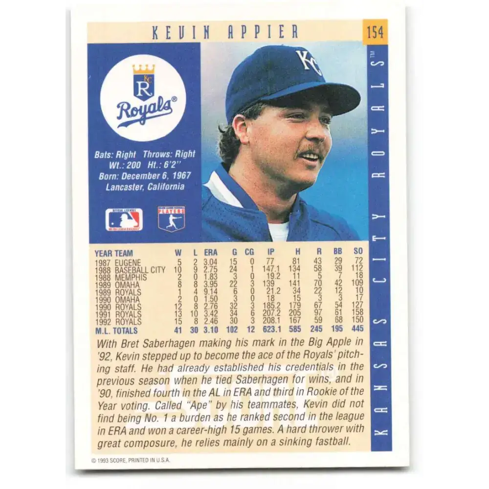 1993 Score #154 Kevin Appier NM-MT Kansas City Royals Baseball Card - Baseball Card Single