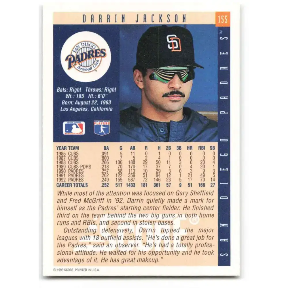 1993 Score #155 Darrin Jackson NM-MT San Diego Padres Baseball Card - Baseball Card Single