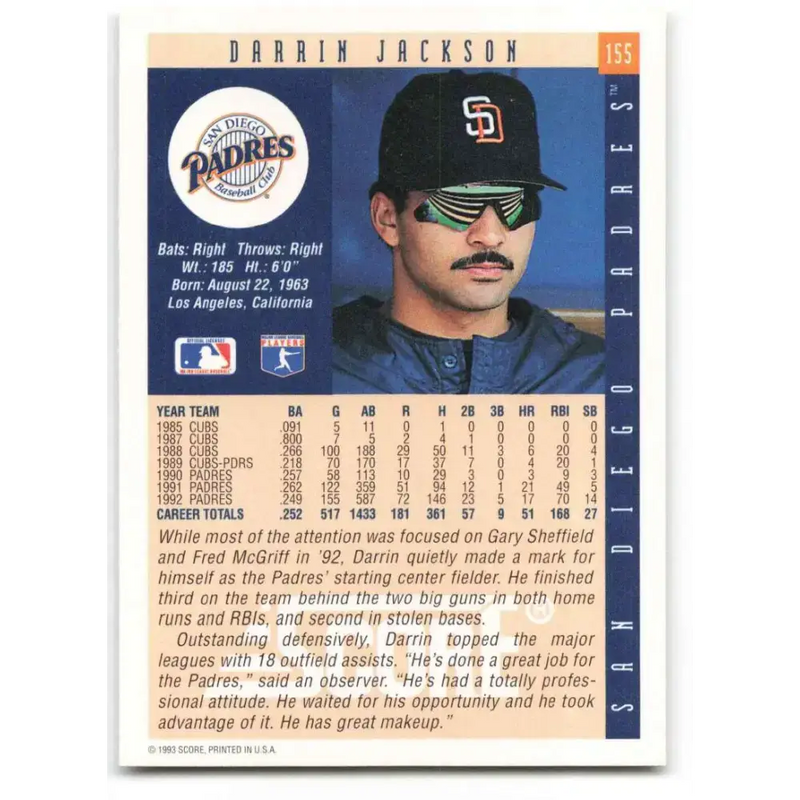 1993 Score #155 Darrin Jackson NM-MT San Diego Padres Baseball Card - Baseball Card Single