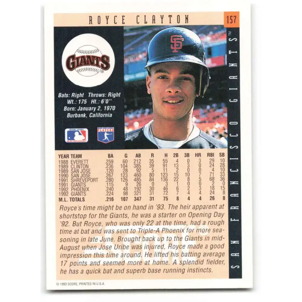 1993 Score #157 Royce Clayton NM-MT San Francisco Giants Baseball Card - Baseball Card Single