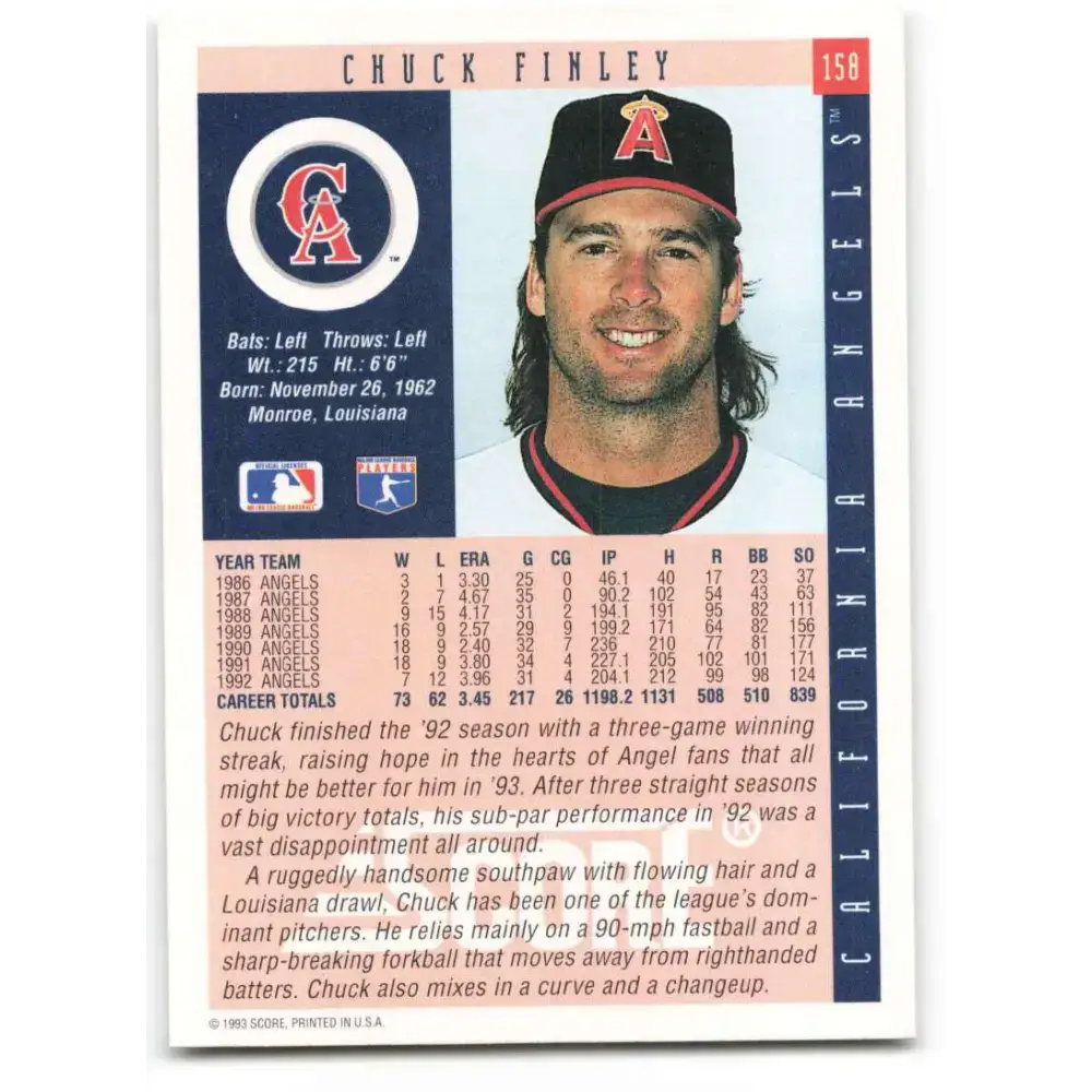 1993 Score #158 Chuck Finley NM-MT California Angels Baseball Card - Baseball Card Single