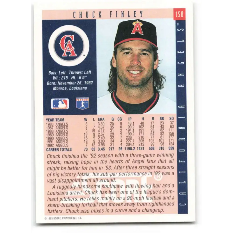 1993 Score #158 Chuck Finley NM-MT California Angels Baseball Card - Baseball Card Single