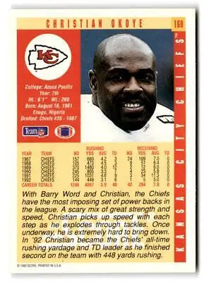 1993 Score #160 Christian Okoye trading card featuring the football legend Christian Okoye