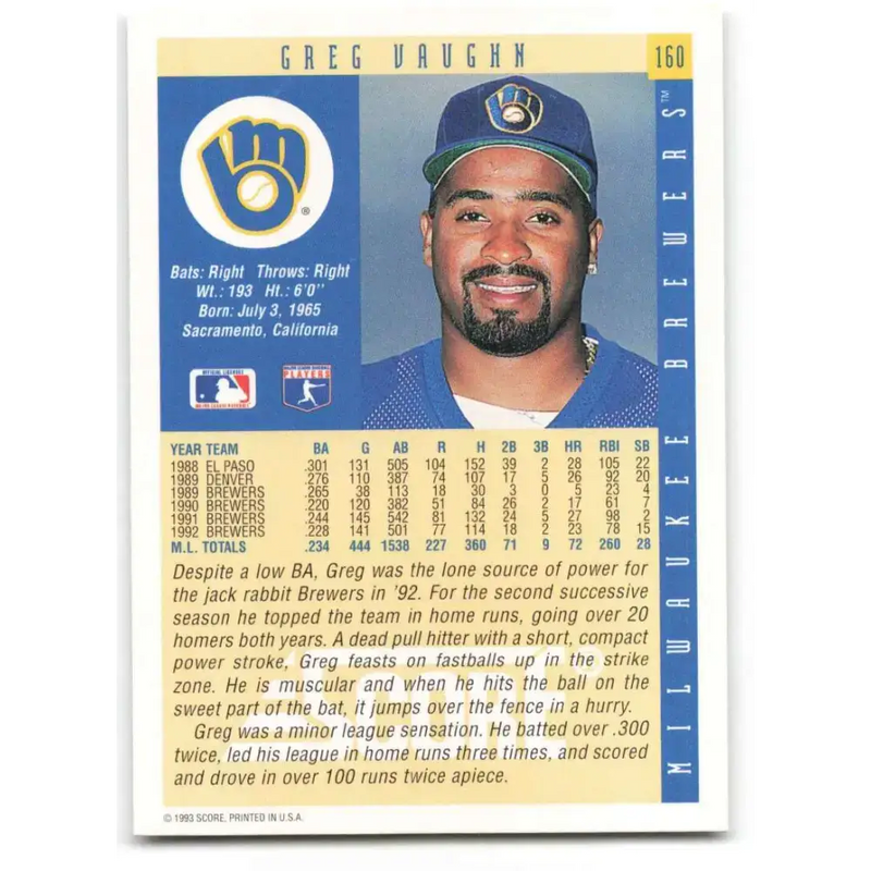1993 Score #160 Greg Vaughn NM-MT Milwaukee Brewers Baseball Card - Baseball Card Single