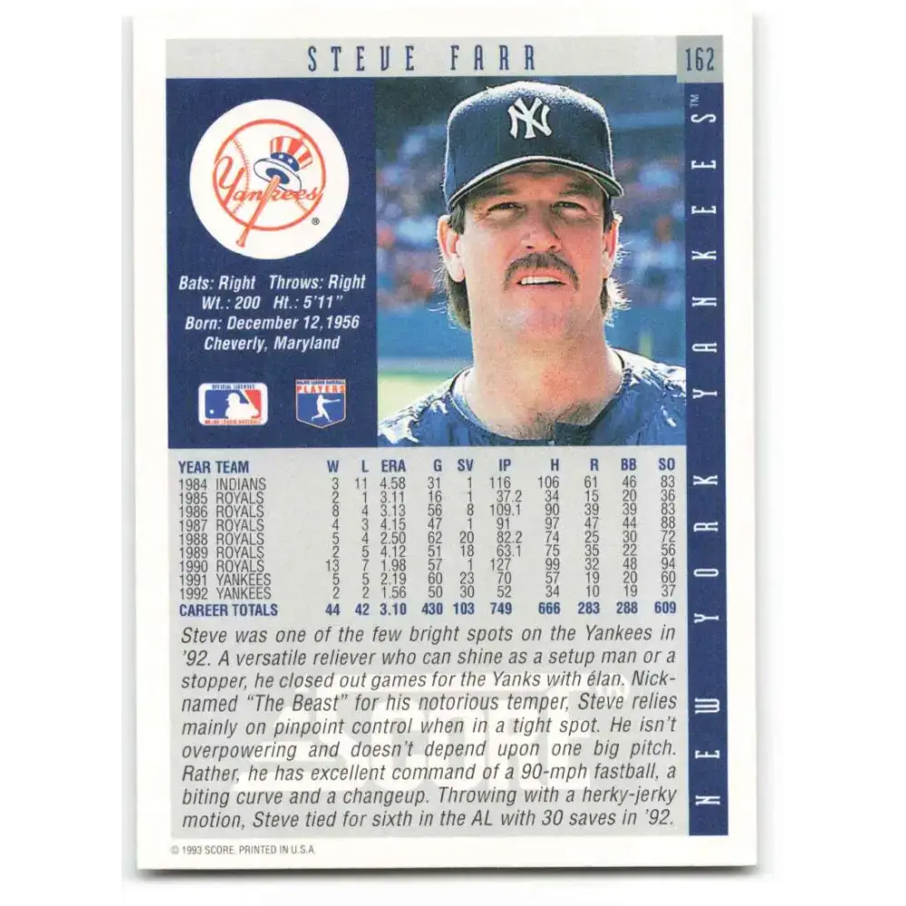 1993 Score #162 Steve Farr NM-MT New York Yankees Baseball Card - Baseball Card Single