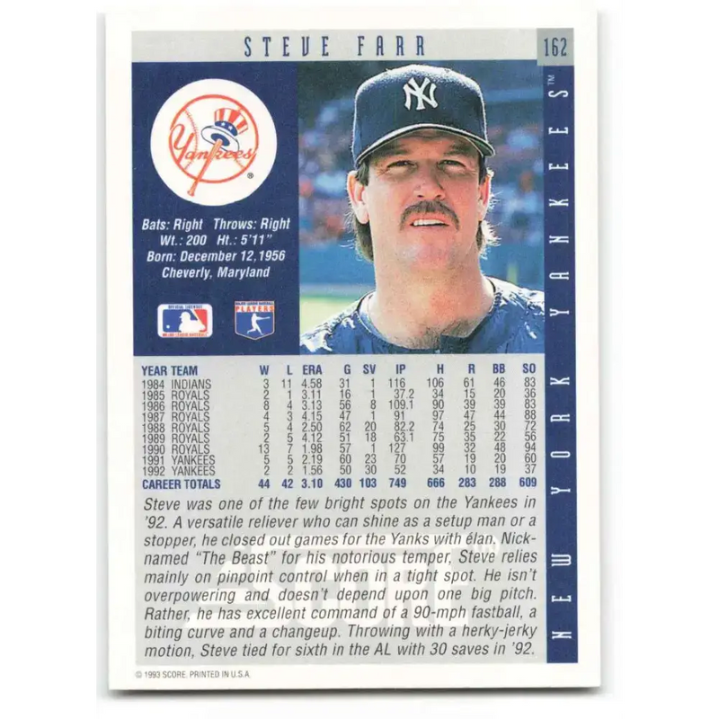 1993 Score #162 Steve Farr NM-MT New York Yankees Baseball Card - Baseball Card Single