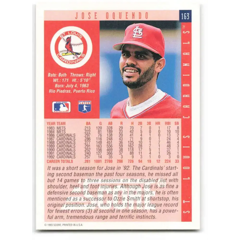 1993 Score #163 Jose Oquendo NM-MT St. Louis Cardinals Baseball Card - Baseball Card Single