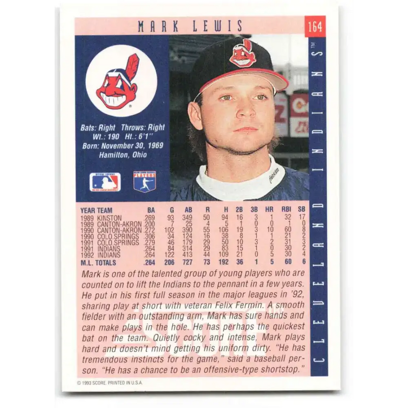 1993 Score #164 Mark Lewis NM-MT Cleveland Indians Baseball Card - Baseball Card Single