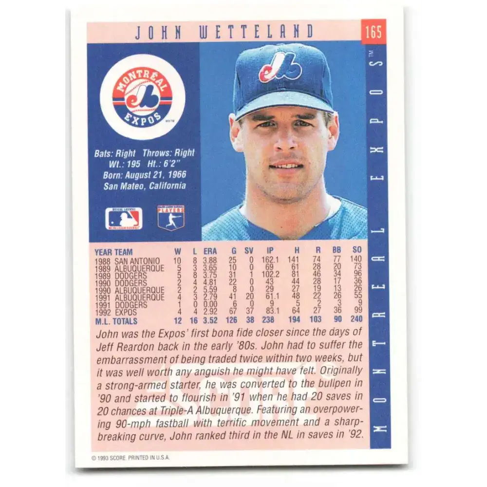 1993 Score #165 John Wetteland NM-MT Montreal Expos Baseball Card - Baseball Card Single