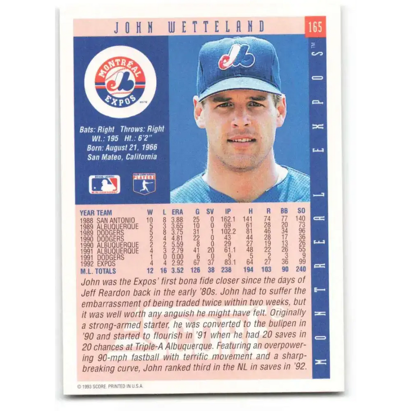 1993 Score #165 John Wetteland NM-MT Montreal Expos Baseball Card - Baseball Card Single