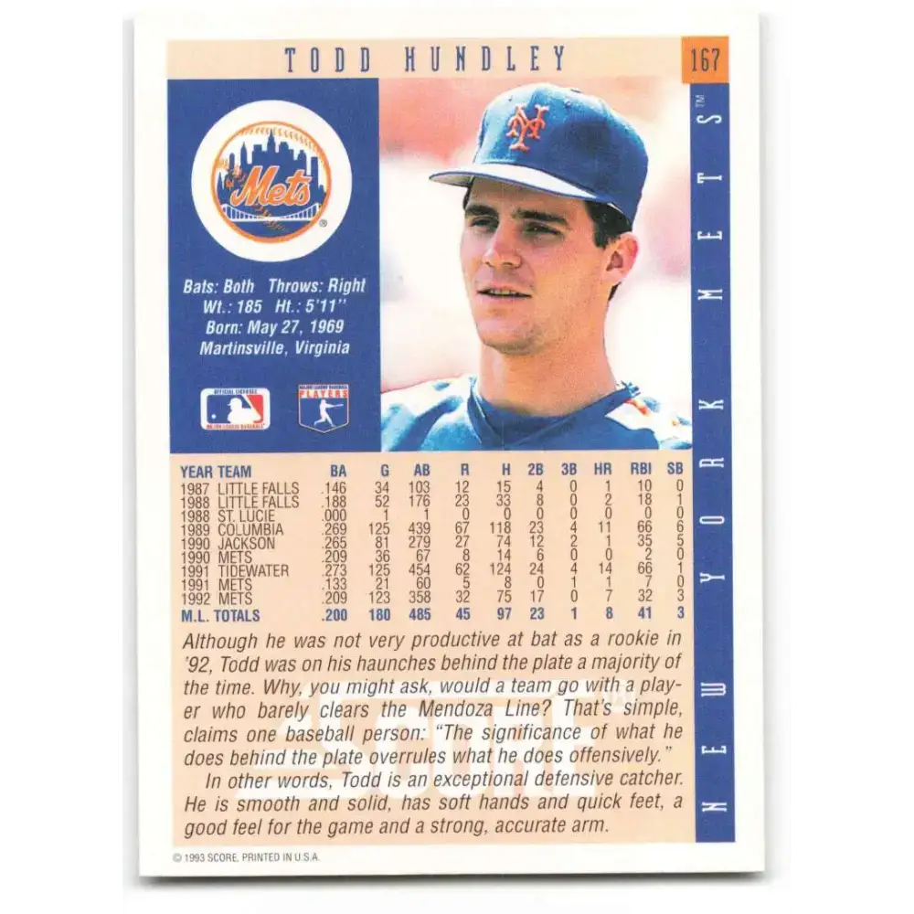 1993 Score #167 Todd Hundley NM-MT New York Mets Baseball Card - Baseball Card Single