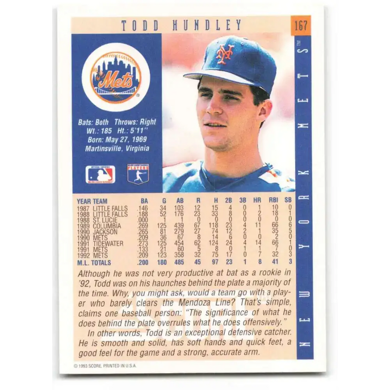 1993 Score #167 Todd Hundley NM-MT New York Mets Baseball Card - Baseball Card Single
