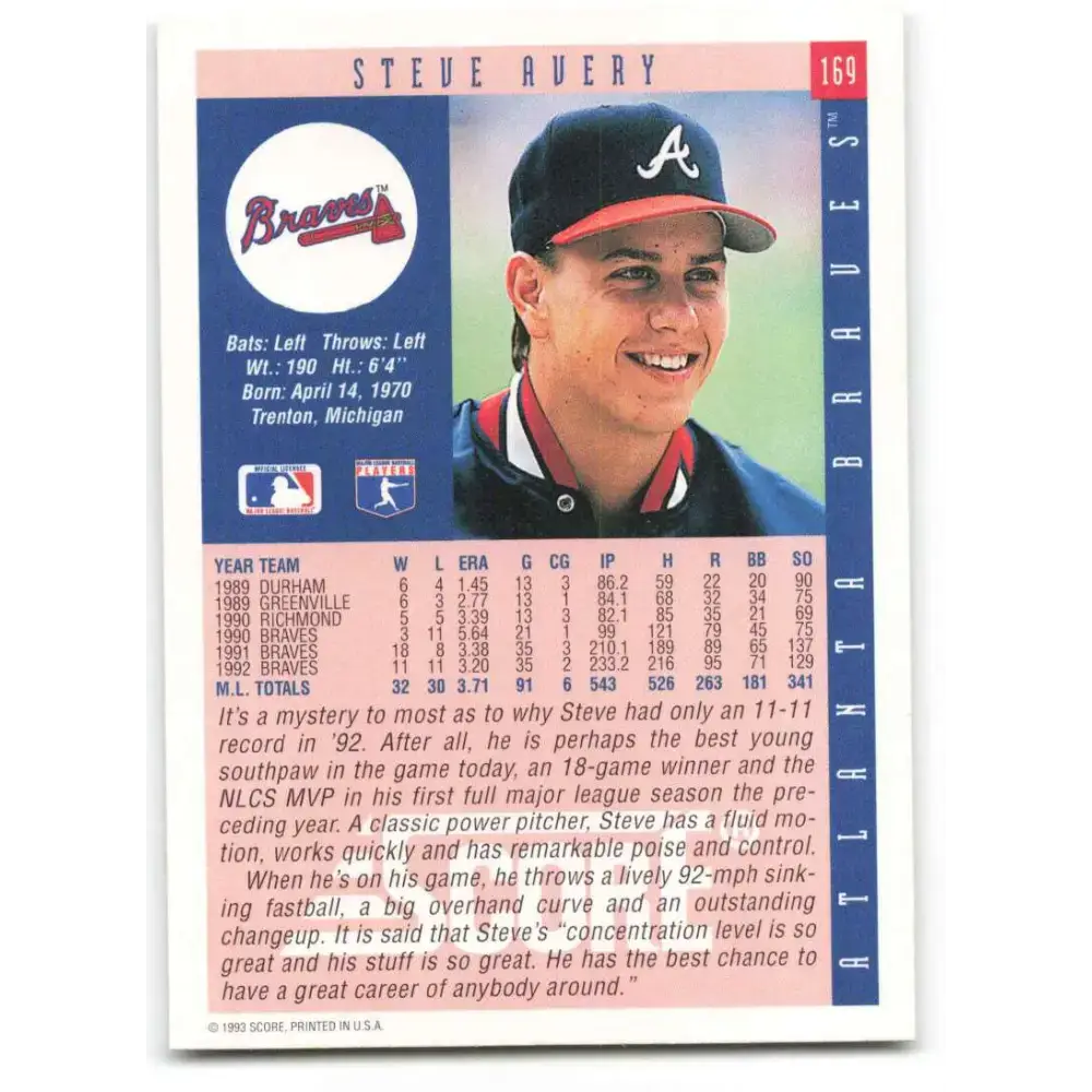 1993 Score #169 Steve Avery NM-MT Atlanta Braves Baseball Card - Baseball Card Single