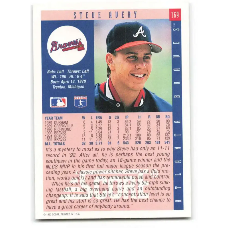 1993 Score #169 Steve Avery NM-MT Atlanta Braves Baseball Card - Baseball Card Single