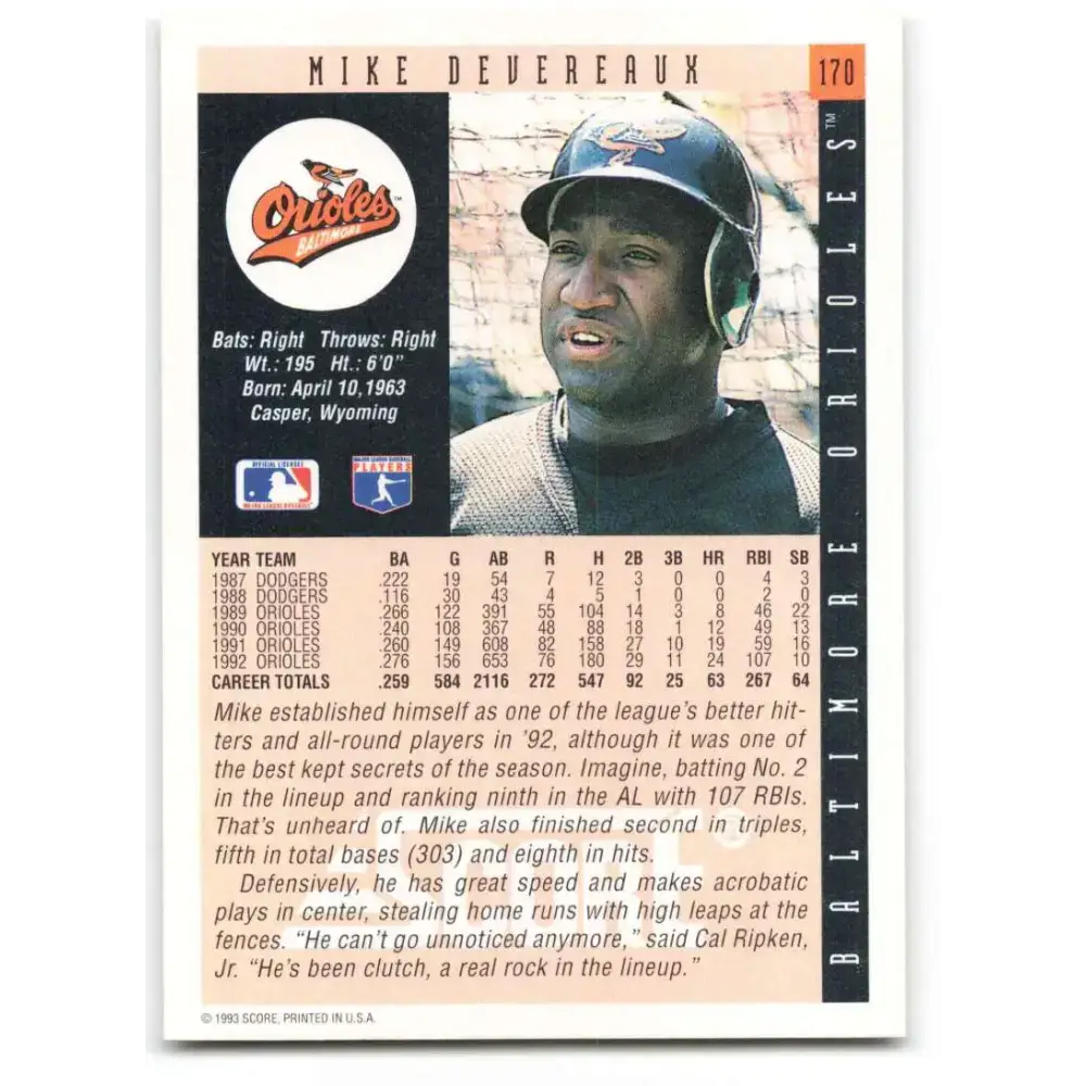 1993 Score #170 Mike Devereaux NM-MT Baltimore Orioles Baseball Card - Baseball Card Single