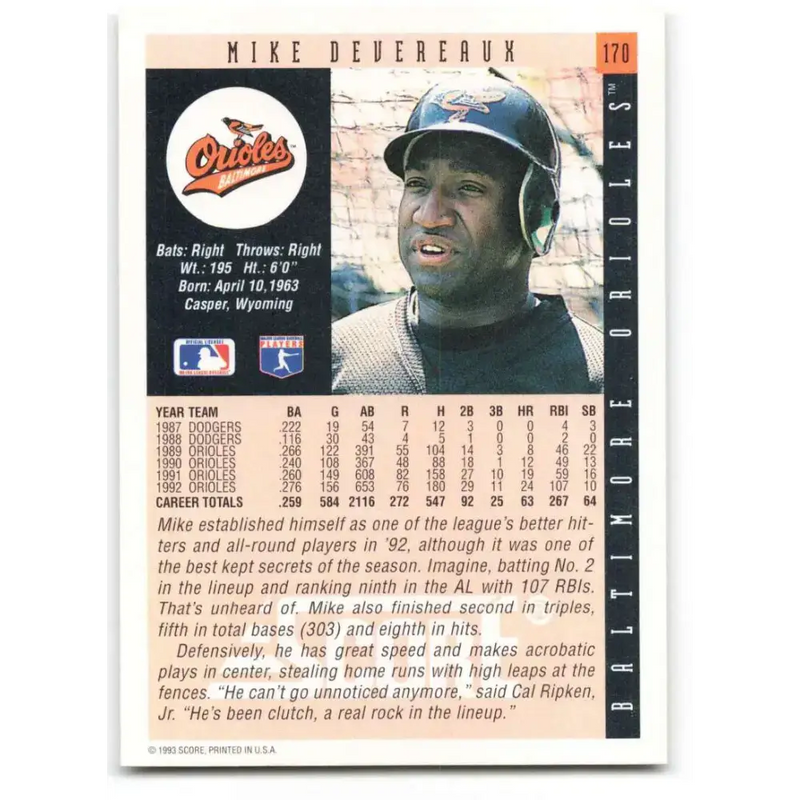 1993 Score #170 Mike Devereaux NM-MT Baltimore Orioles Baseball Card - Baseball Card Single