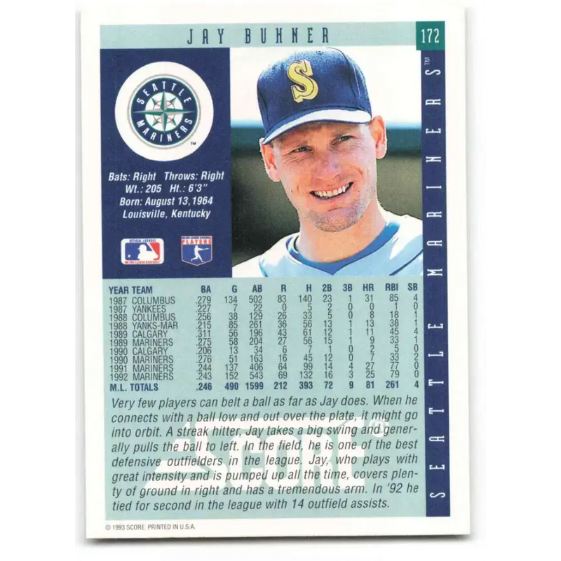 1993 Score #172 Jay Buhner NM-MT Seattle Mariners Baseball Card - Baseball Card Single