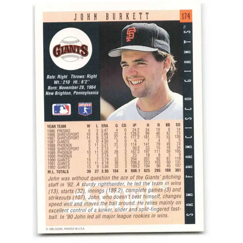 1993 Score #174 John Burkett NM-MT San Francisco Giants Baseball Card - Baseball Card Single