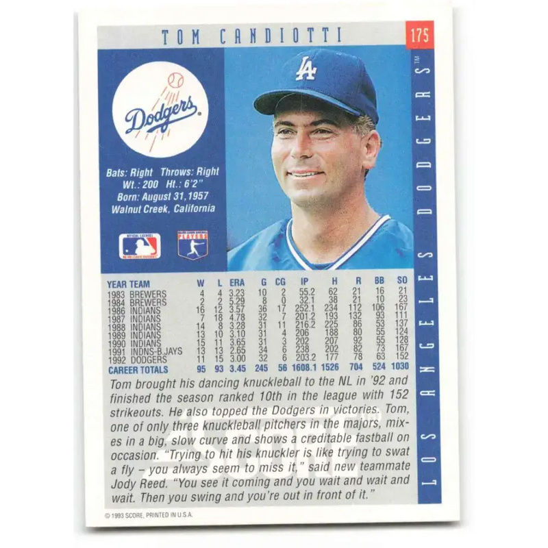 1993 Score #175 Tom Candiotti NM-MT Los Angeles Dodgers Baseball Card - Baseball Card Single