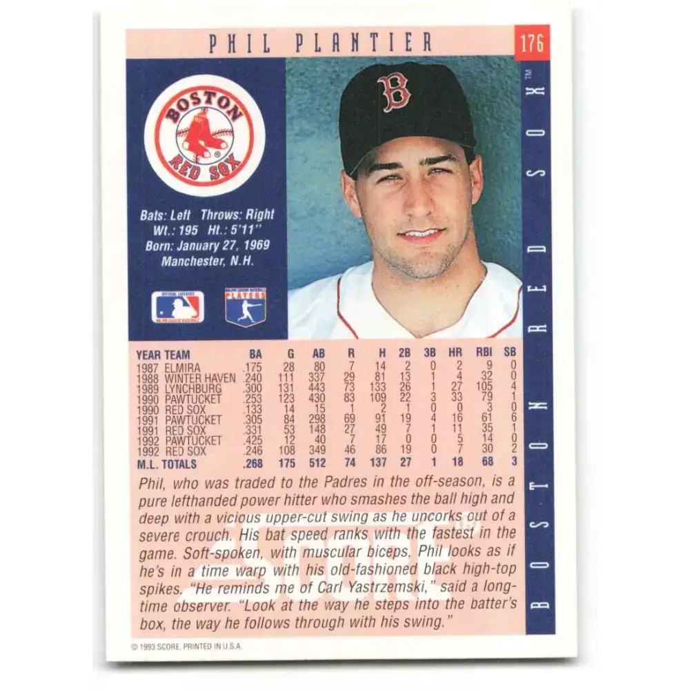 1993 Score #176 Phil Plantier NM-MT Boston Red Sox Baseball Card - Baseball Card Single