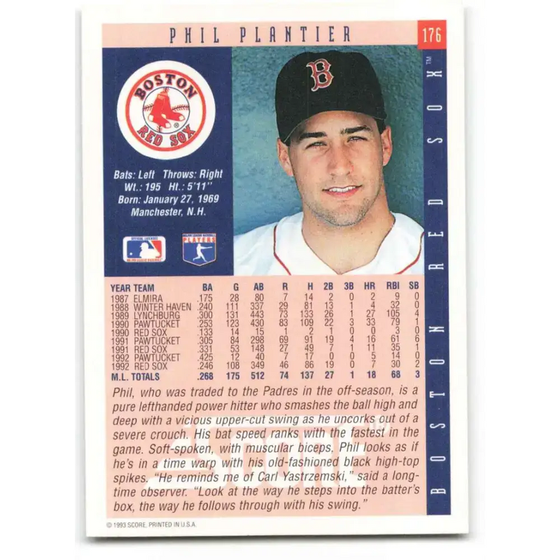 1993 Score #176 Phil Plantier NM-MT Boston Red Sox Baseball Card - Baseball Card Single