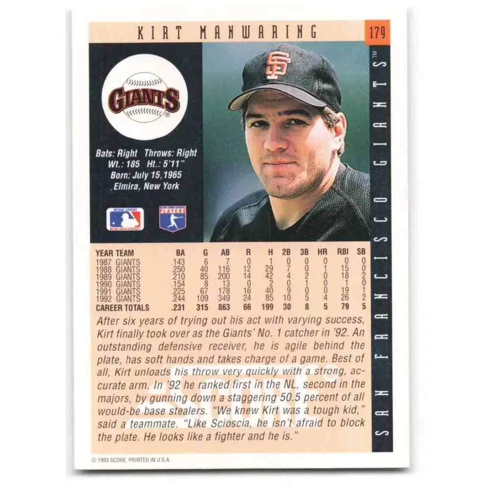 1993 Score #179 Kirt Manwaring NM-MT San Francisco Giants Baseball Card - Baseball Card Single