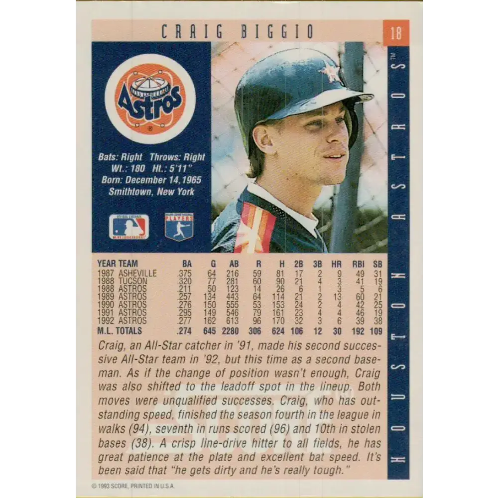 1993 Score #18 Craig Biggio NM-MT Houston Astros Baseball Card - Baseball Card Single