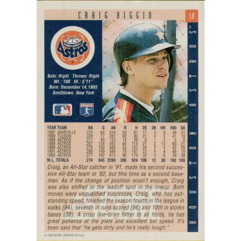 1993 Score #18 Craig Biggio NM-MT Houston Astros Baseball Card - Baseball Card Single