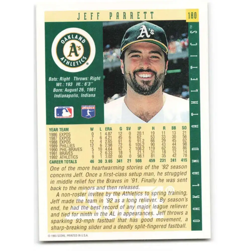 1993 Score #180 Jeff Parrett NM-MT Oakland Athletics Baseball Card - Baseball Card Single