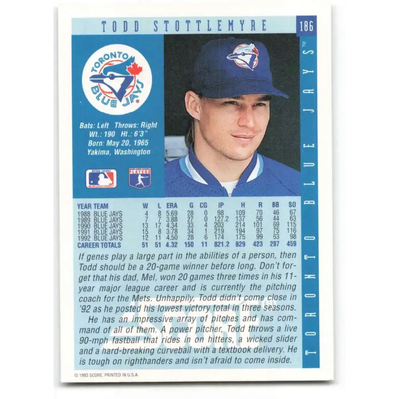 1993 Score #186 Todd Stottlemyre NM-MT Toronto Blue Jays Baseball Card - Baseball Card Single