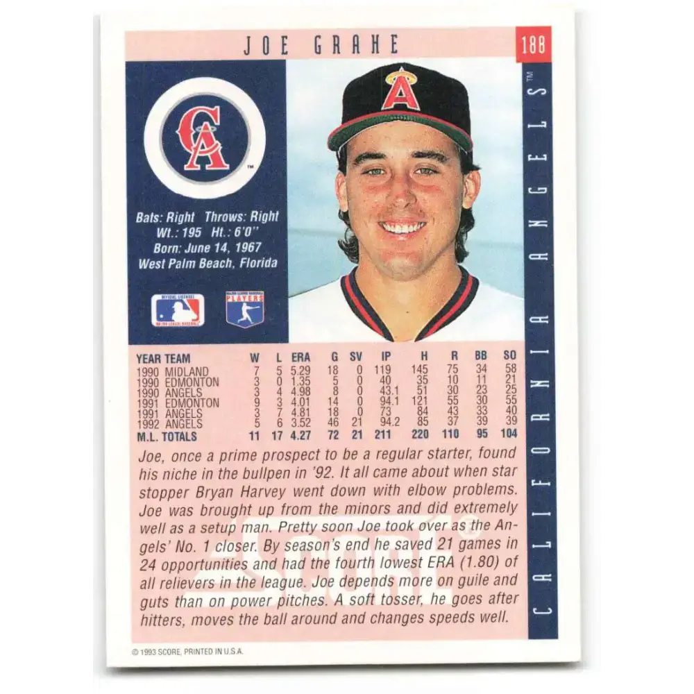 1993 Score #188 Joe Grahe NM-MT California Angels Baseball Card - Baseball Card Single