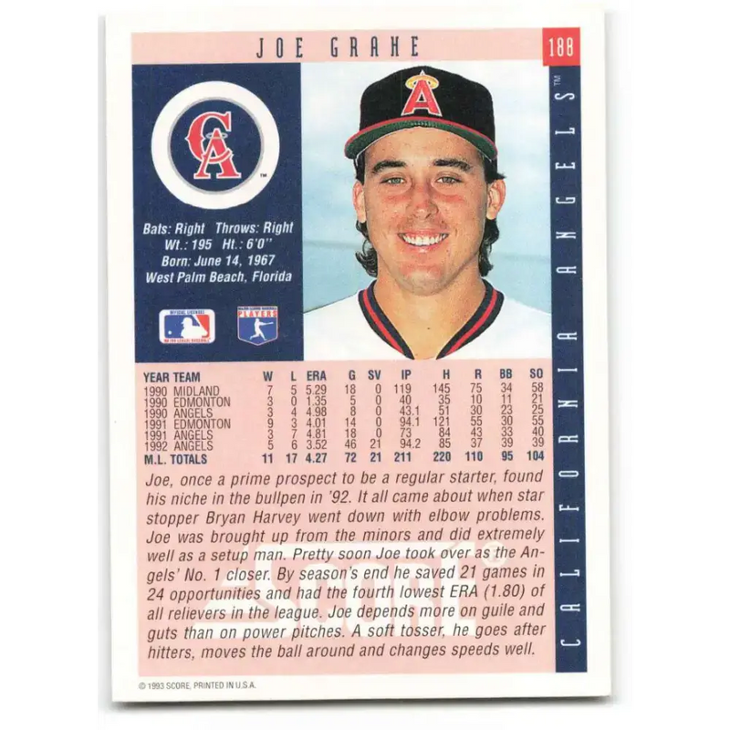 1993 Score #188 Joe Grahe NM-MT California Angels Baseball Card - Baseball Card Single
