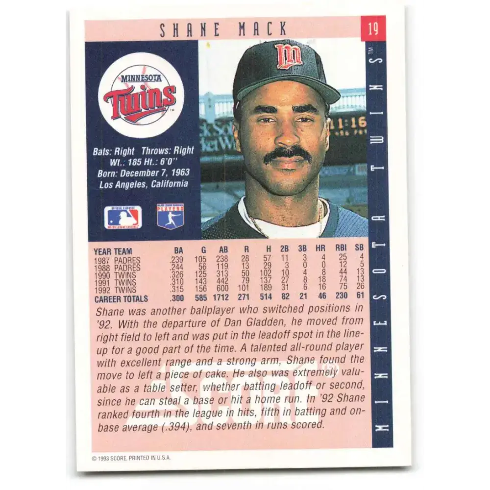 1993 Score #19 Shane Mack NM-MT Minnesota Twins Baseball Card - Baseball Card Single