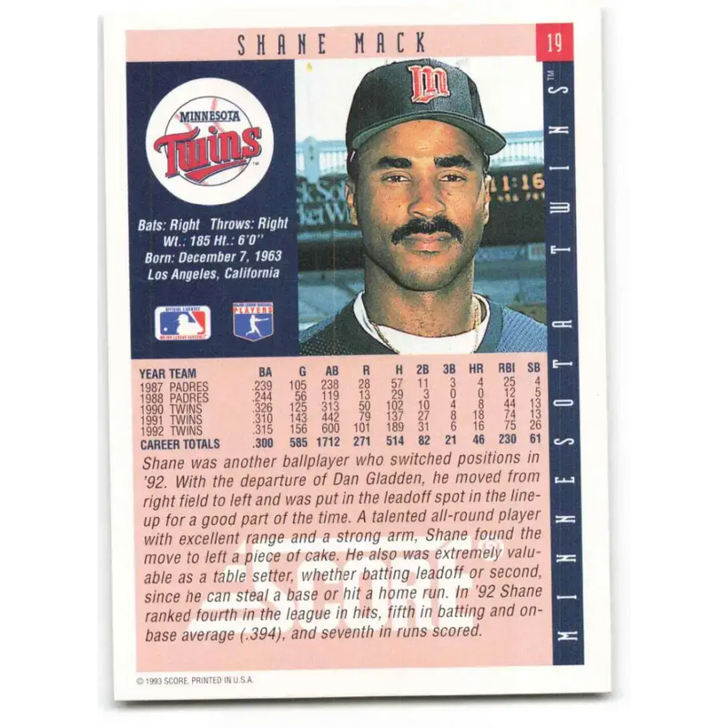 1993 Score #19 Shane Mack NM-MT Minnesota Twins Baseball Card - Baseball Card Single