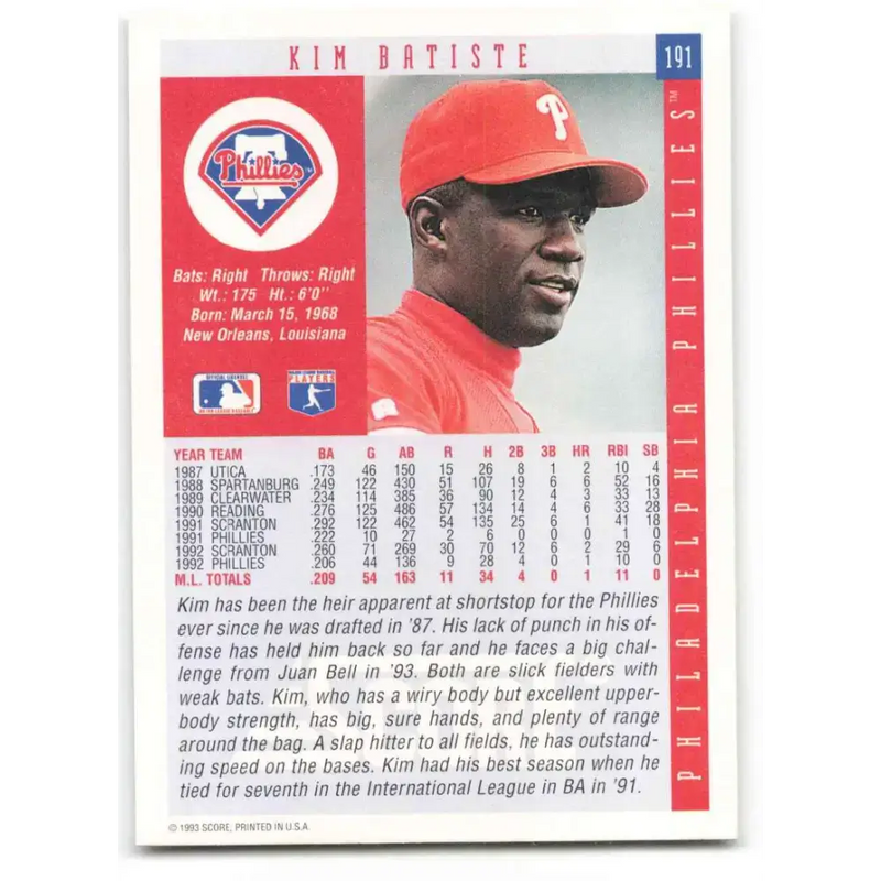 1993 Score #191 Kim Batiste NM-MT Philadelphia Phillies Baseball Card - Baseball Card Single
