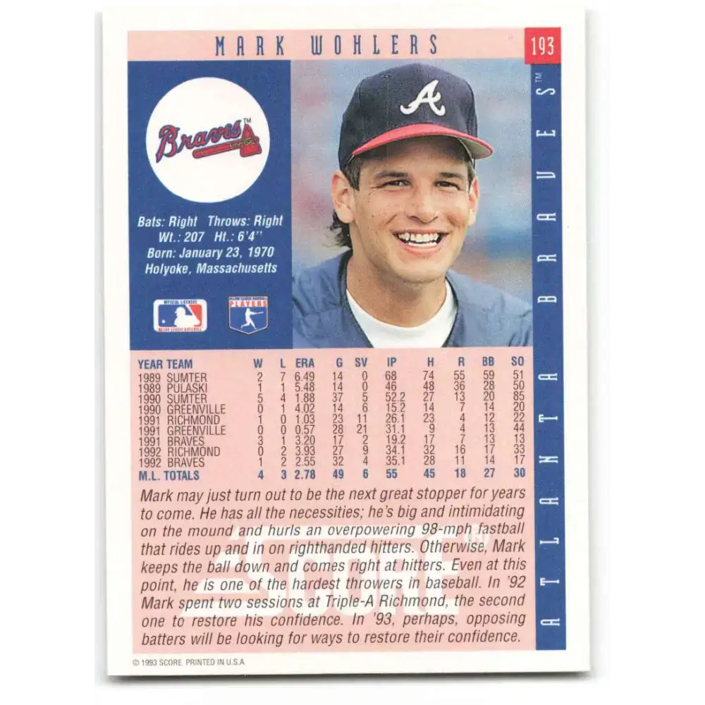 1993 Score #193 Mark Wohlers NM-MT Atlanta Braves Baseball Card - Baseball Card Single