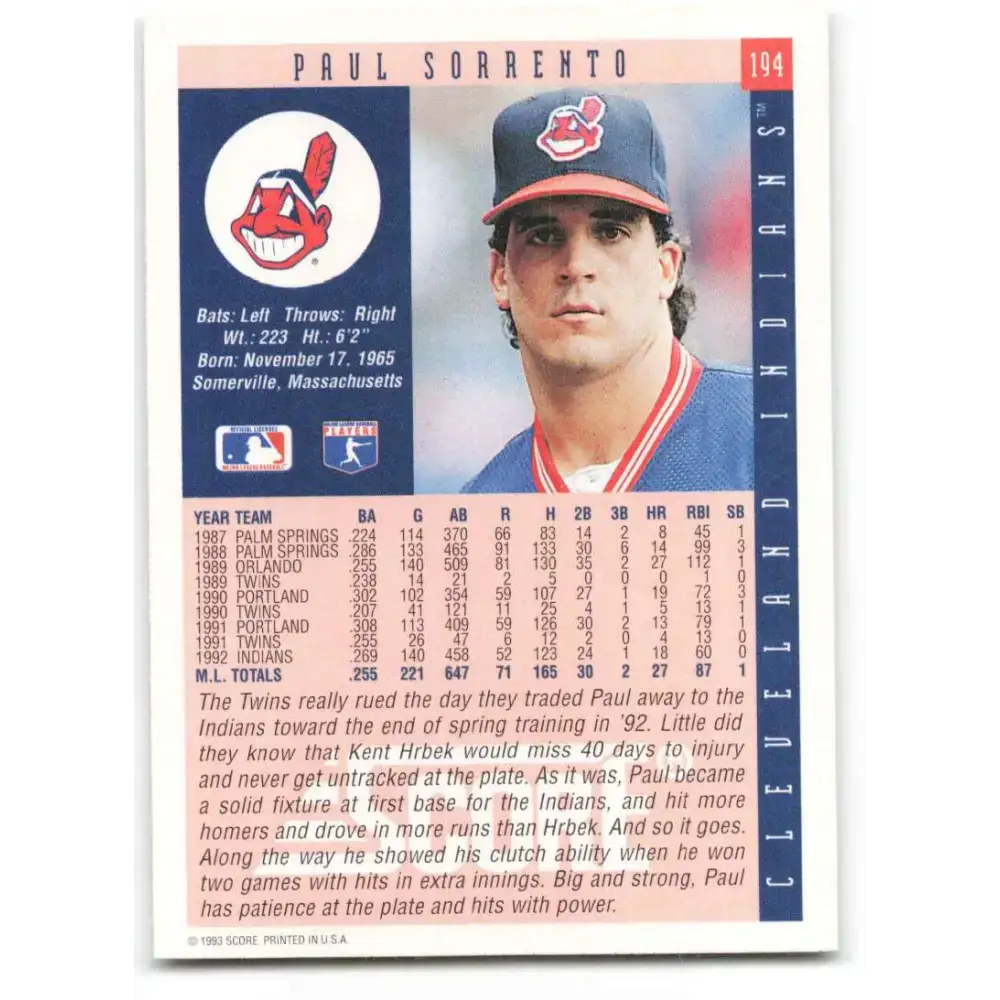 1993 Score #194 Paul Sorrento NM-MT Cleveland Indians Baseball Card - Baseball Card Single