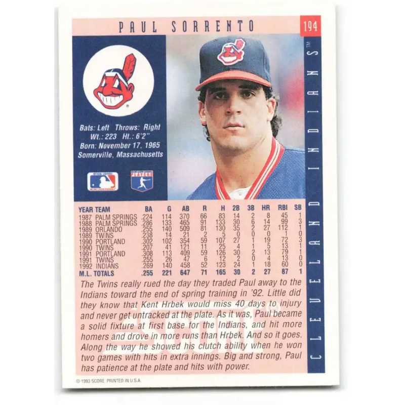 1993 Score #194 Paul Sorrento NM-MT Cleveland Indians Baseball Card - Baseball Card Single