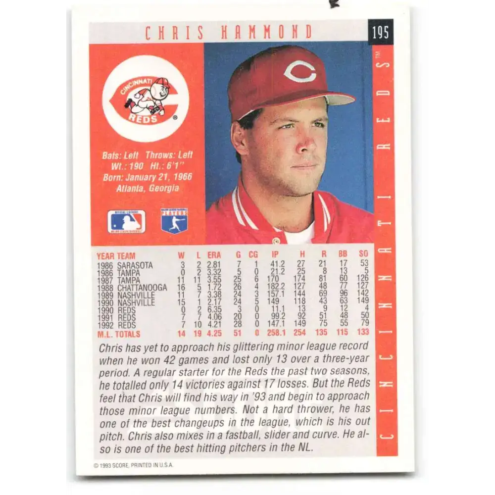 1993 Score #195 Chris Hammond NM-MT Cincinnati Reds Baseball Card - Baseball Card Single