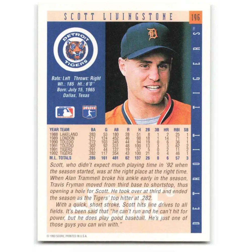 1993 Score #196 Scott Livingstone NM-MT Detroit Tigers Baseball Card - Baseball Card Single