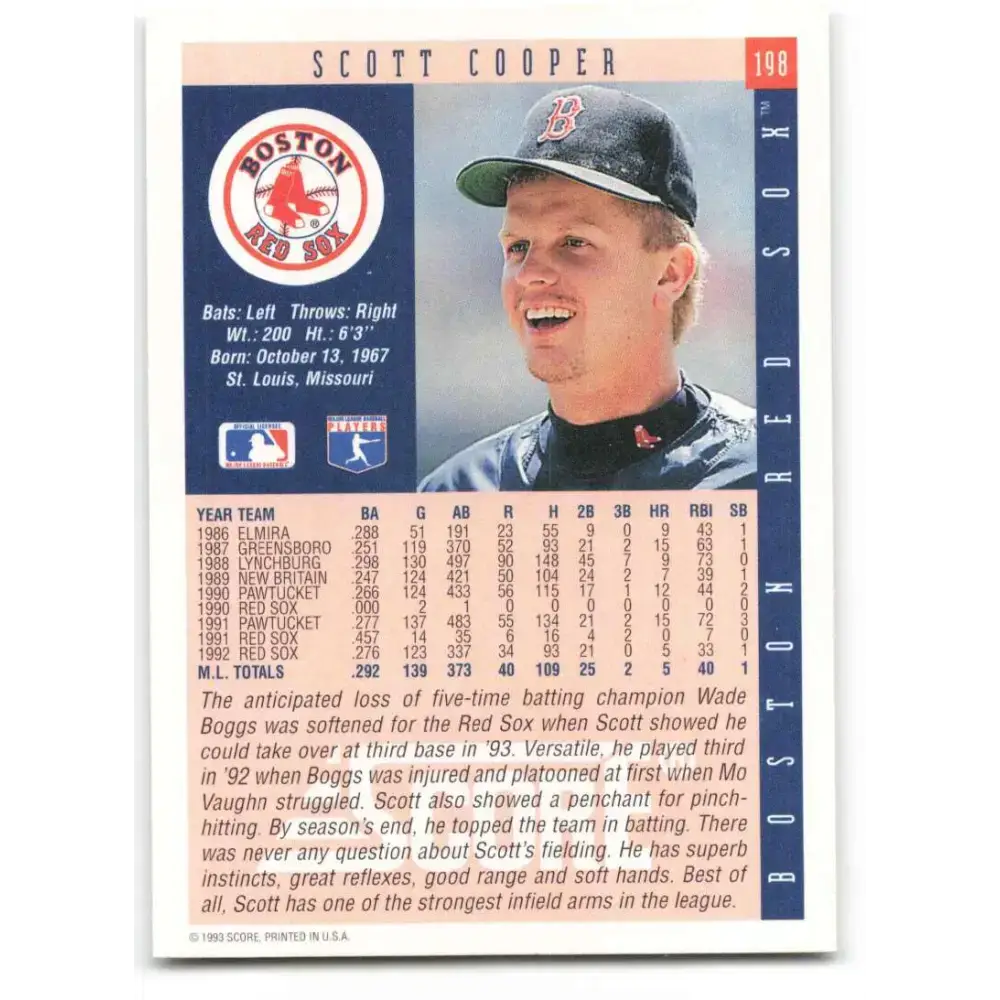 1993 Score #198 Scott Cooper NM-MT Boston Red Sox Baseball Card - Baseball Card Single