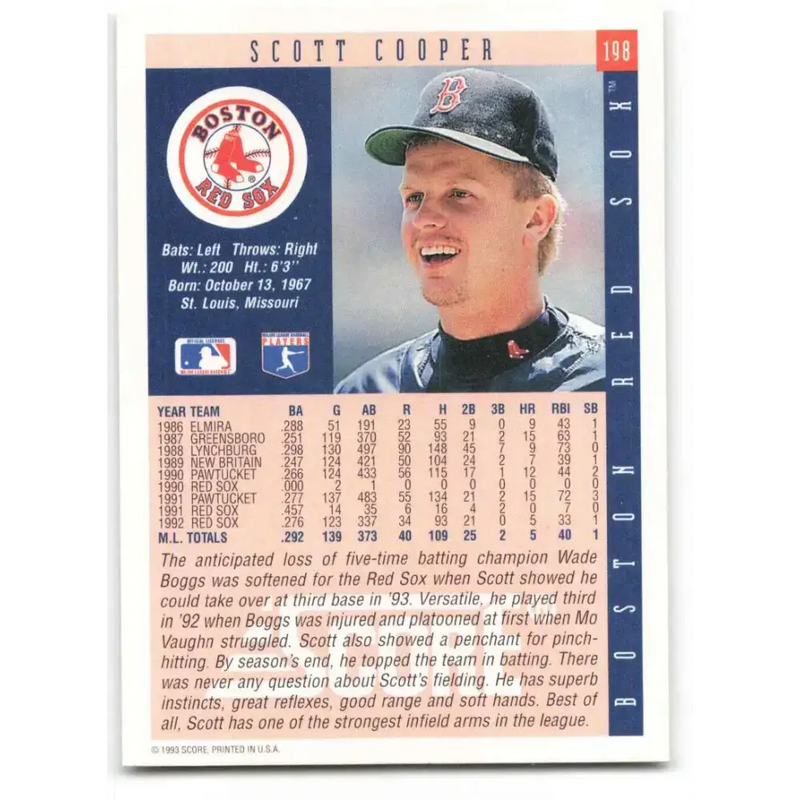 1993 Score #198 Scott Cooper NM-MT Boston Red Sox Baseball Card - Baseball Card Single