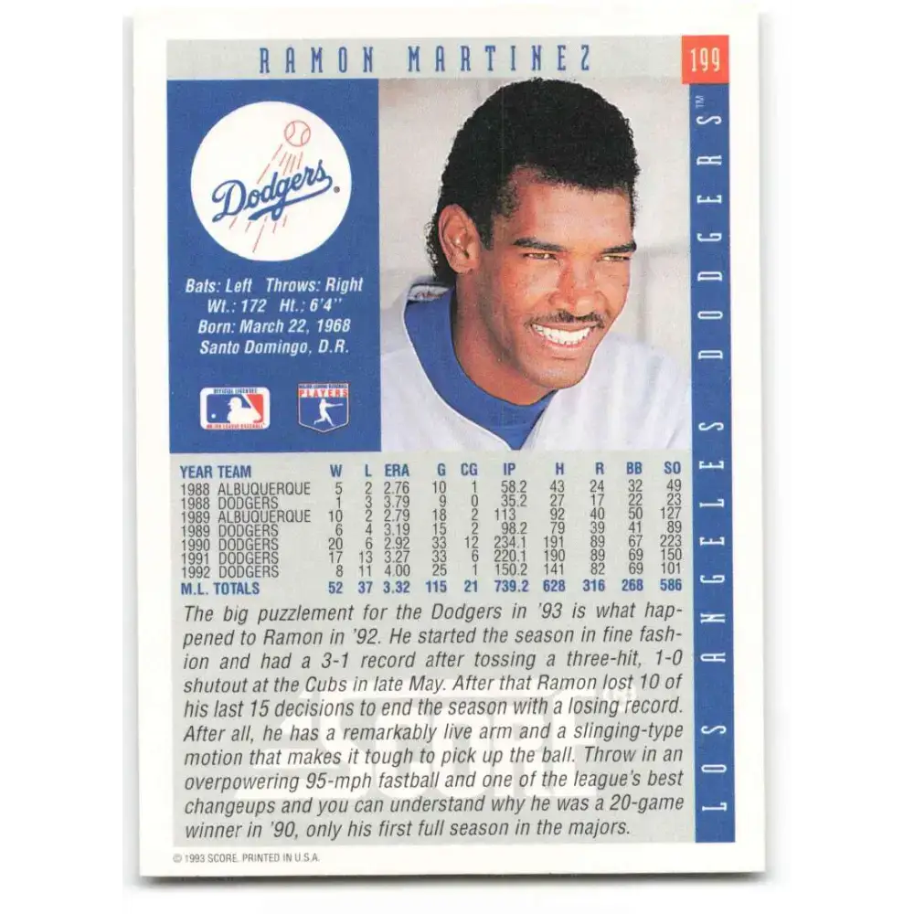 1993 Score #199 Ramon Martinez NM-MT Los Angeles Dodgers Baseball Card - Baseball Card Single