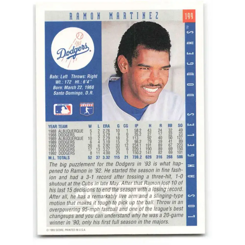 1993 Score #199 Ramon Martinez NM-MT Los Angeles Dodgers Baseball Card - Baseball Card Single