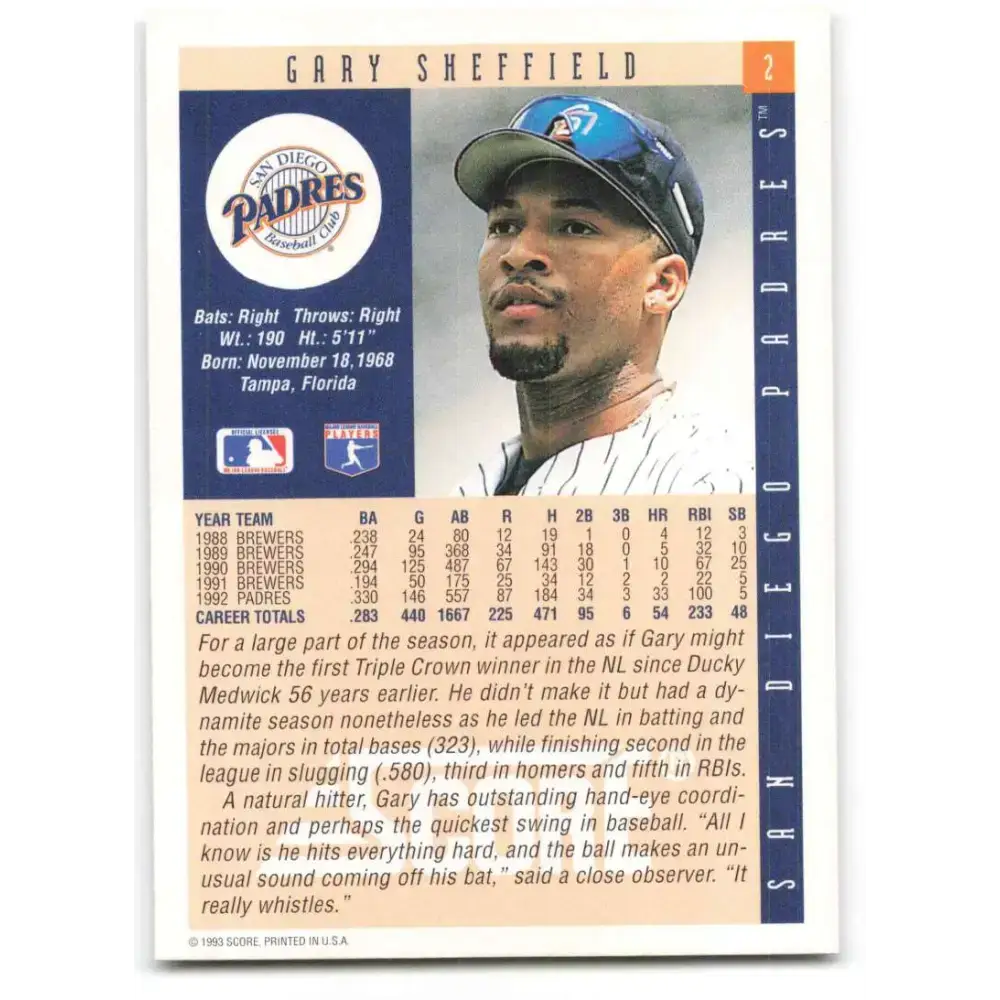 1993 Score #2 Gary Sheffield NM-MT San Diego Padres Baseball Card - Baseball Card Single