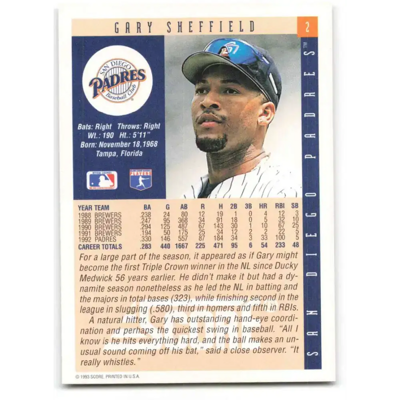 1993 Score #2 Gary Sheffield NM-MT San Diego Padres Baseball Card - Baseball Card Single